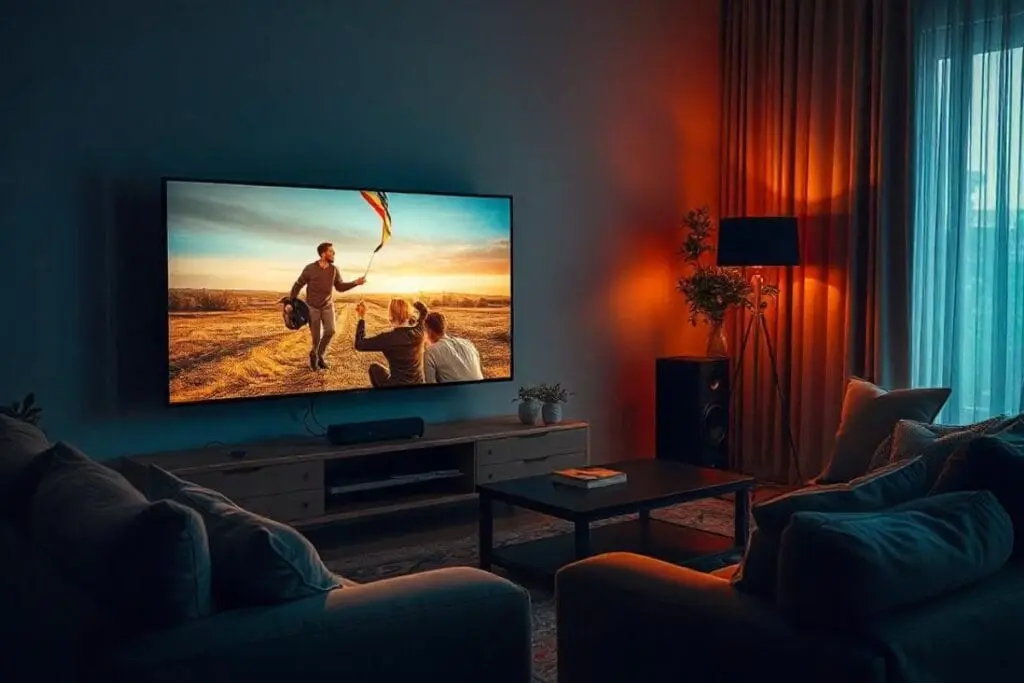 Imagem ilustrativa de uma TV ligada via cabo auxiliar. Foto: Freepik IA.