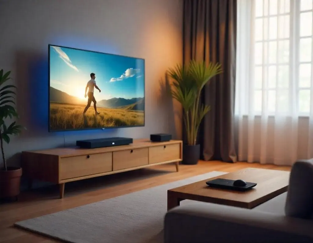 Imagem ilustrativa de uma TV com cabo auxiliar. Foto: Freepik IA.