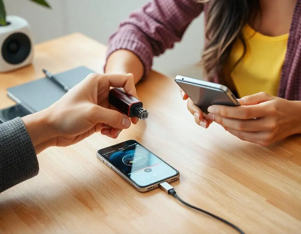 Imagem de pessoa passando música do smartphone para o pen drive. Foto: Freepik IA.