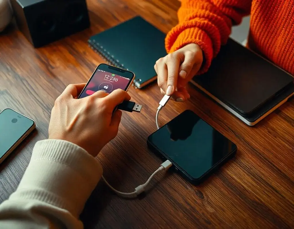 Imagem de pessoa transferindo música do celular para pen drive. Foto: Freepik IA.