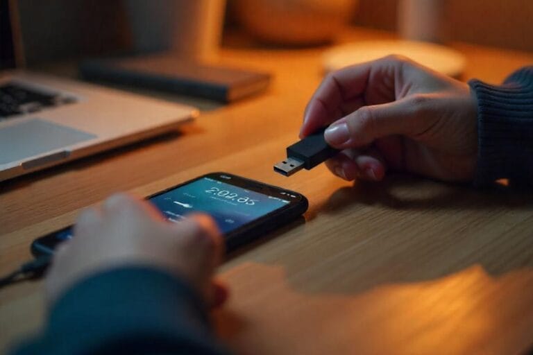 Imagem de uma pessoa transferindo música do celular para pen drive. Foto: Freepik IA.