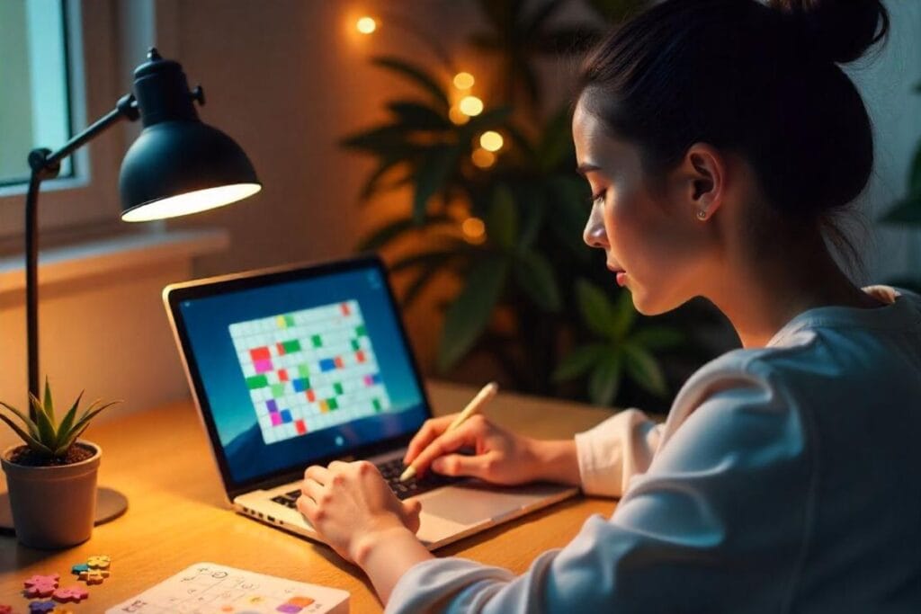 Imagem ilustrativa de uma mulher jogando jogo de raciocínio lógico. Foto: Freepik IA.