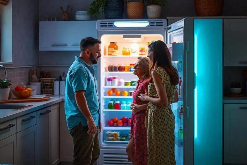 Família observando a geladeira frost free. Foto: Freepik IA