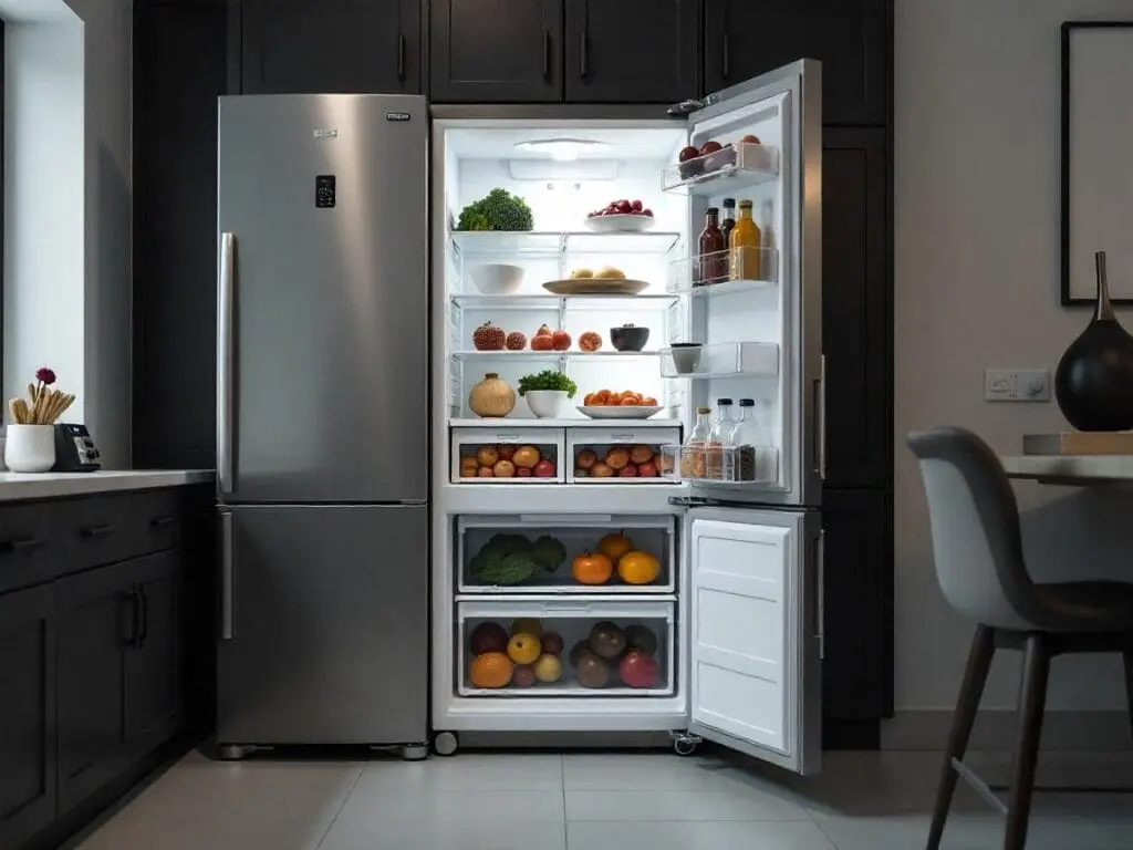 Imagem ilustrativa de um freezer vertical com tecnologia frost free. Foto: Freepik IA.