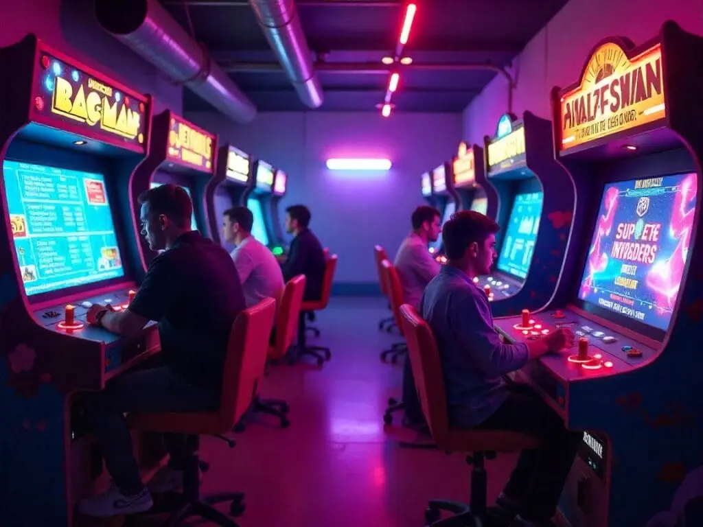 Imagem de pessoas jogando jogos arcade. Foto: Freepik IA.