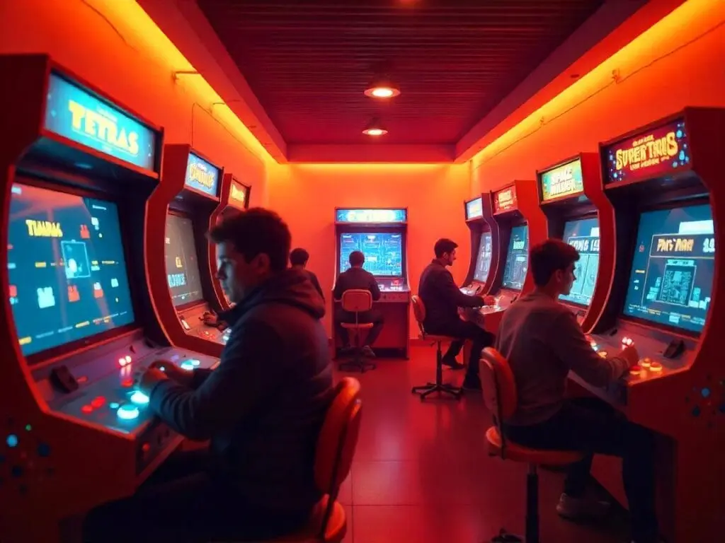 Imagem de cinco jogos arcade. Foto: Freepik IA.