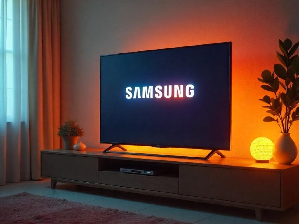 Imagem de uma tv samsung reiniciando. Foto: Freepik IA.