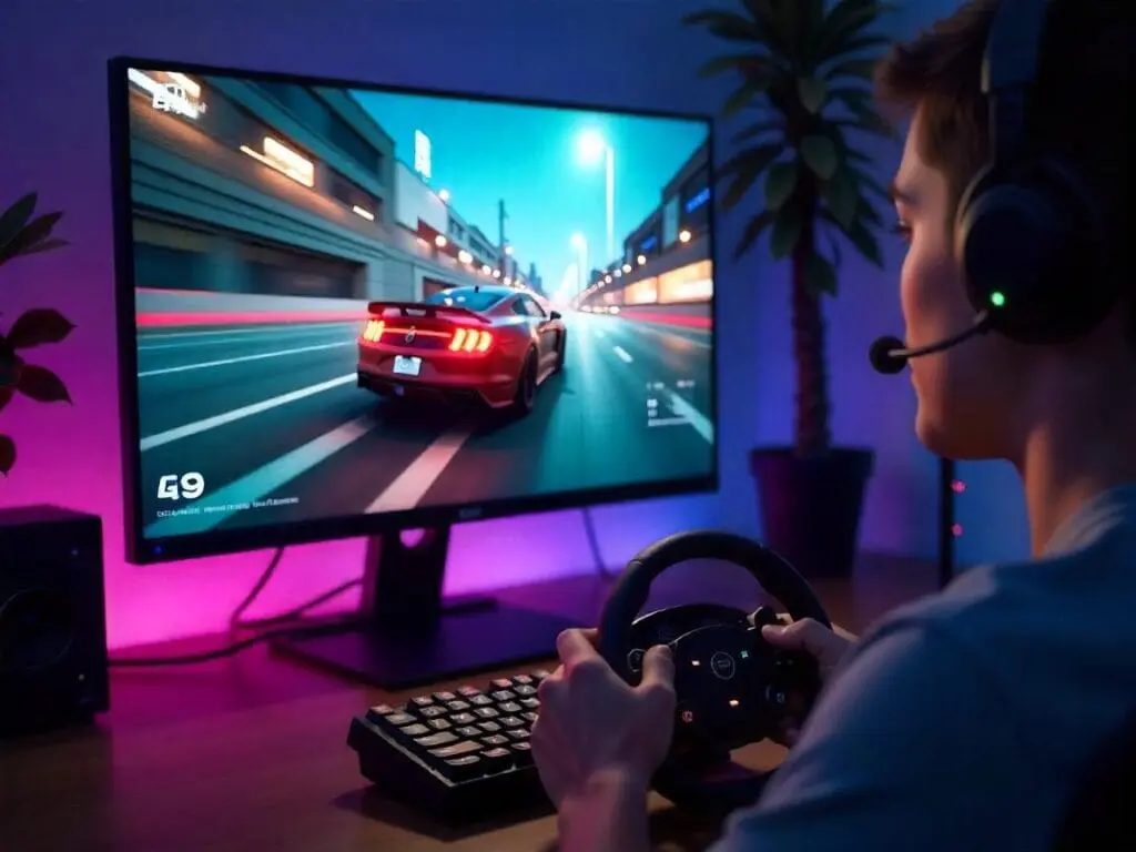 Imagem de jogo de corrida no PC. Foto: Freepik IA.