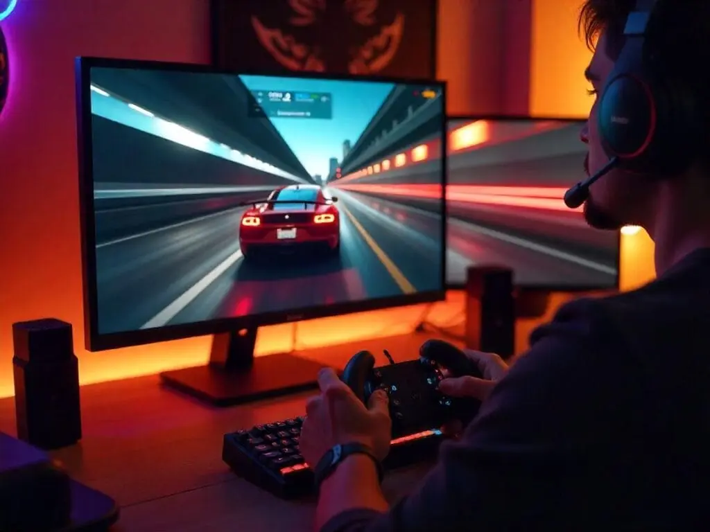 Imagem de jogo de corrida no PC. Foto: Freepik IA.