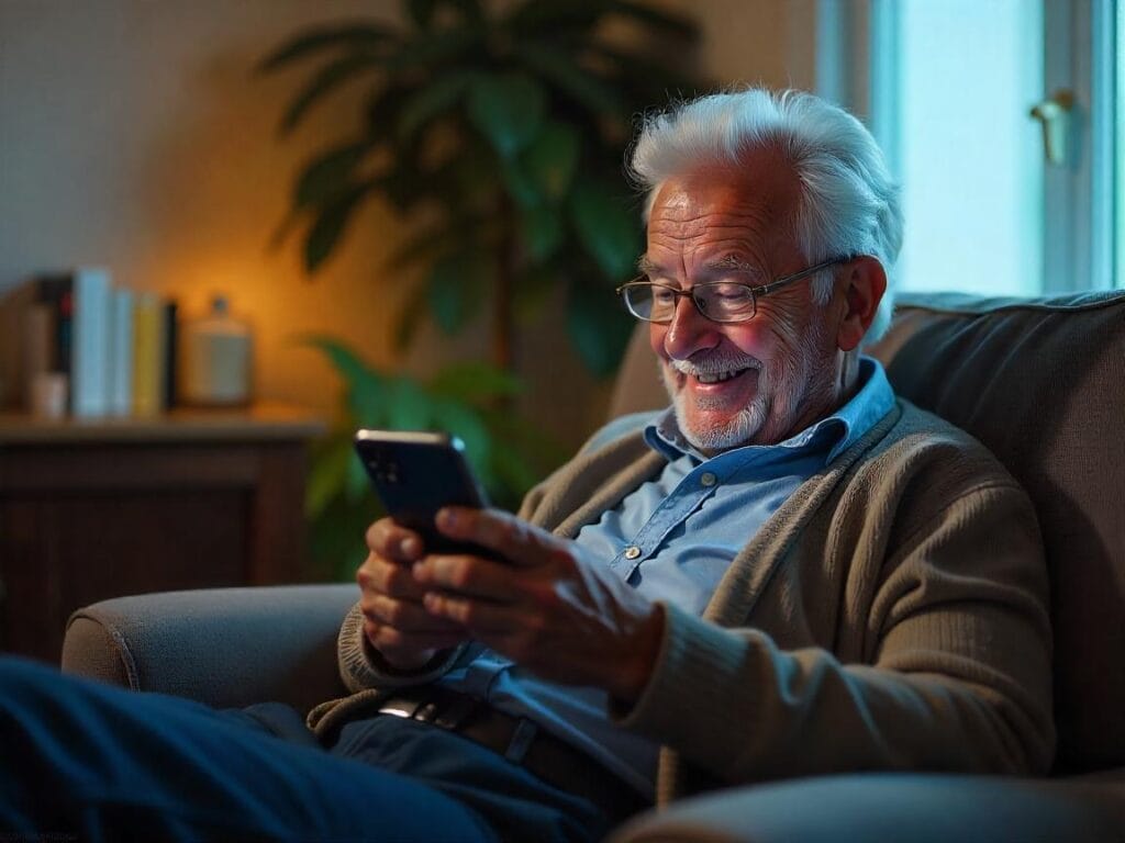 Imagem ilustrativa de um idoso usando smartphone. Foto: Freepik IA.