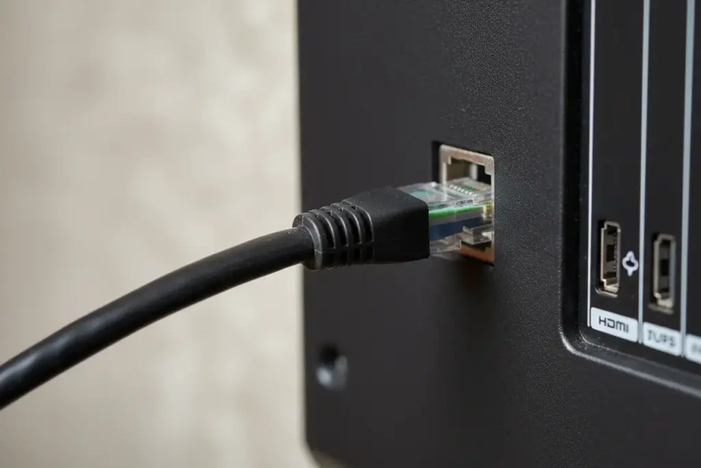 Conectando um cabo Ethernet na porta traseira de uma Smart TV.