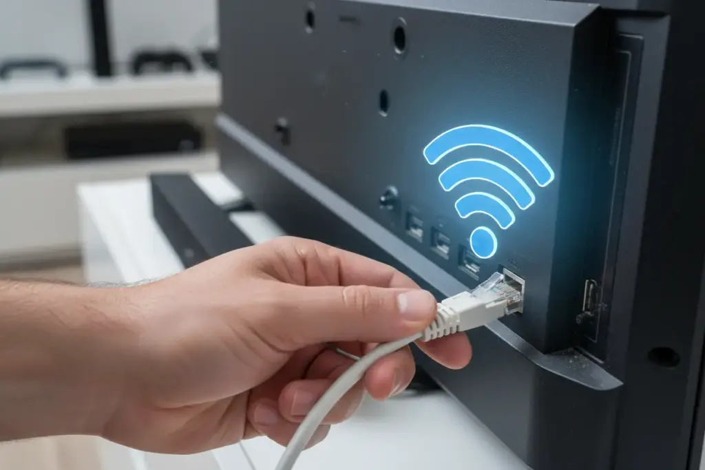 Comparativo de velocidade e estabilidade entre Wi-Fi e cabo Ethernet.