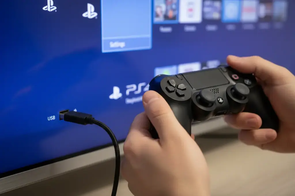 Conectando o DualShock 4 na porta USB da Smart TV.