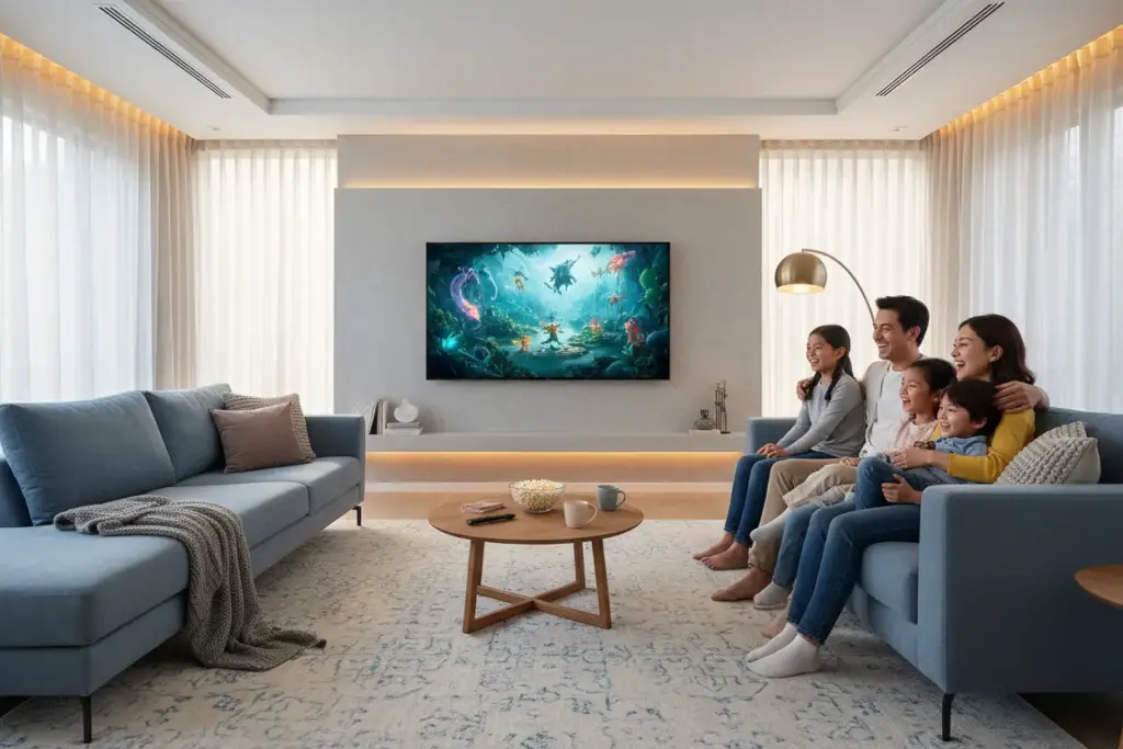 Família assistindo a streaming na TV Samsung com conexão otimizada.