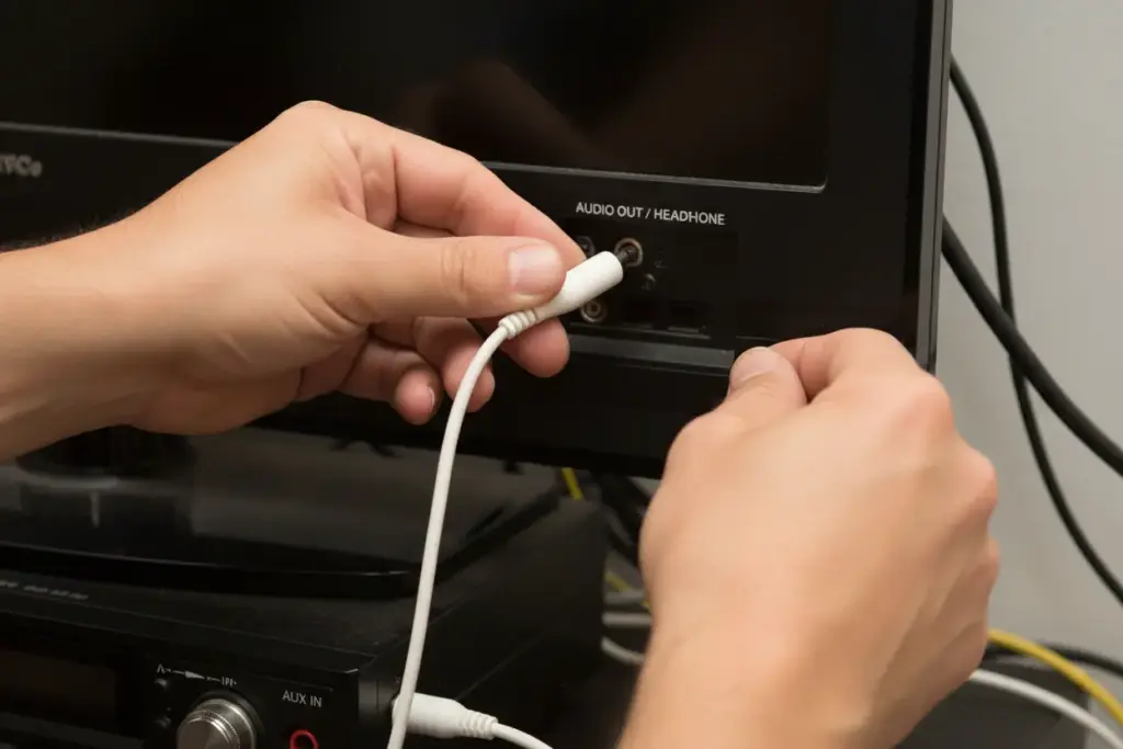 Conexão física do cabo auxiliar entre TV e som