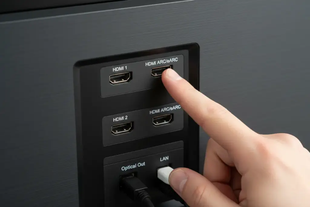 Saiba Como Ligar Soundbar na TV por HDMI! Passo a Passo Completo para um Som Perfeito! 1 Ilustração das portas HDMI de uma televisão, destacando as entradas ARC e eARC.