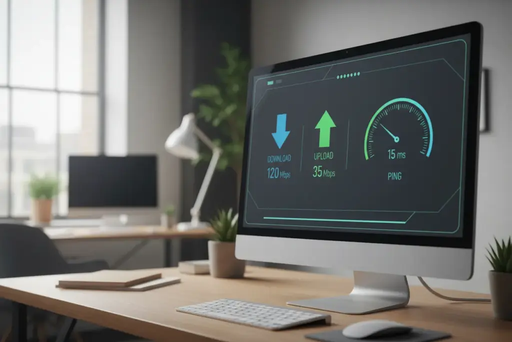 Termos técnicos de velocidade da internet, como download, upload e latência