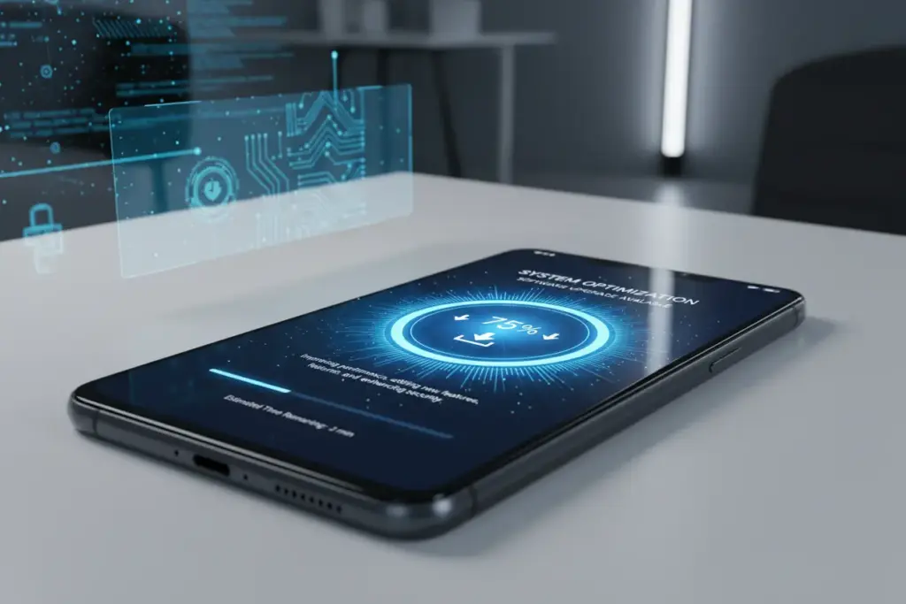 Ícone de atualização de software em um smartphone Android e ícones de jogos