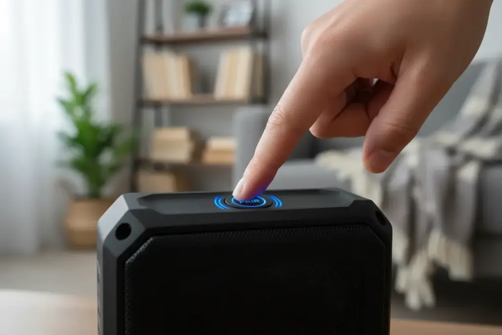 Saiba Como Conectar a TV Roku na Caixa de Som Bluetooth de Forma Correta! 1 Pessoa ativando o modo de pareamento em uma caixa de som Bluetooth