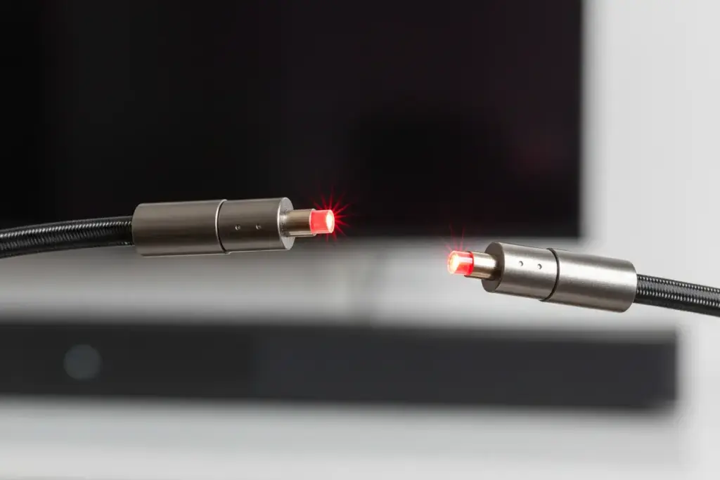 Como Ligar Soundbar na TV Samsung Através do Cabo Óptico? Os Segredos para Um Som Perfeito! 1 Detalhe de um cabo óptico digital para áudio.