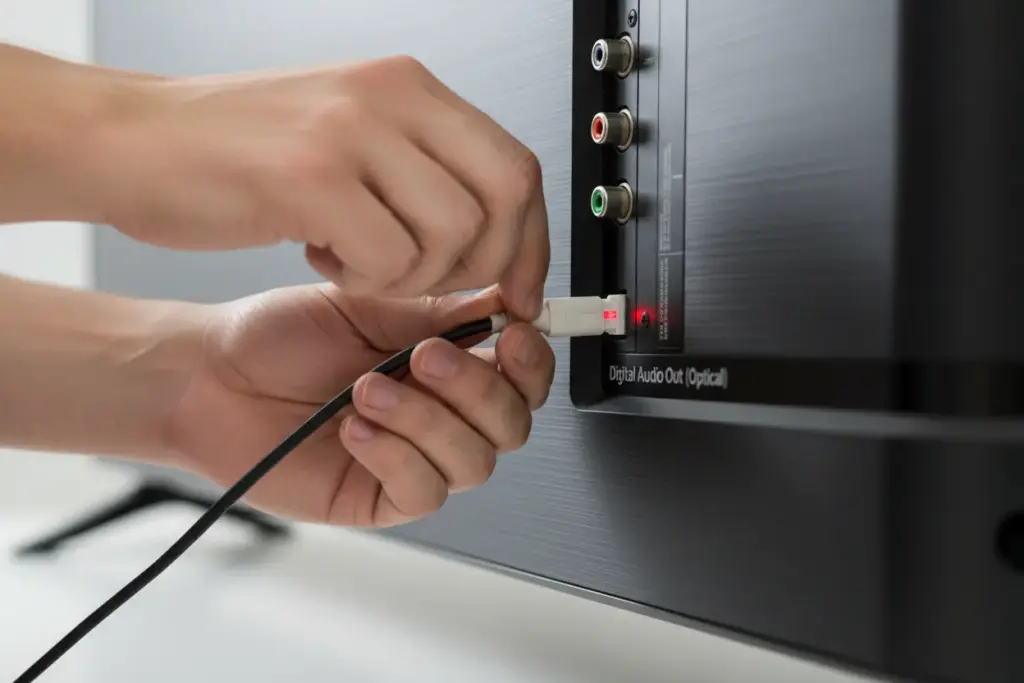 Como Ligar Soundbar na TV Samsung Através do Cabo Óptico? Os Segredos para Um Som Perfeito! 2 Mão conectando cabo óptico na traseira da TV.