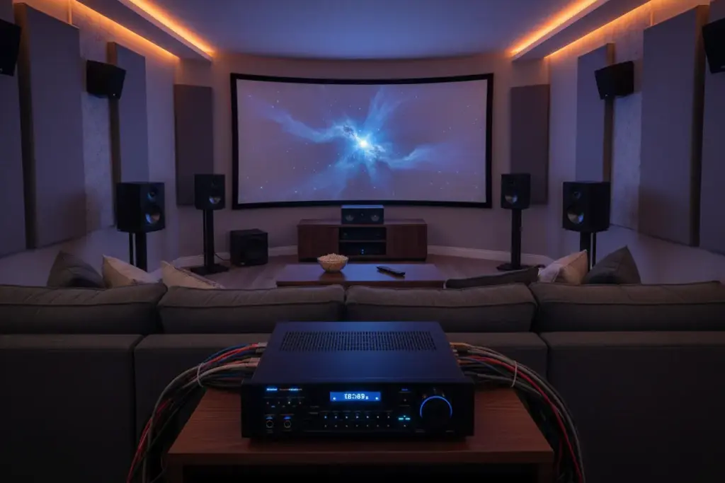 Sala de cinema em casa com sistema Home Theater 7.1 instalado