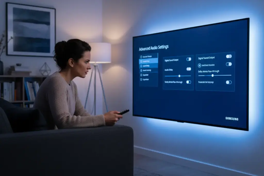 Saiba Como Regular o Som da TV Samsung para uma Experiência Sonora Perfeita! 2 Pessoa configurando opções avançadas de som na TV