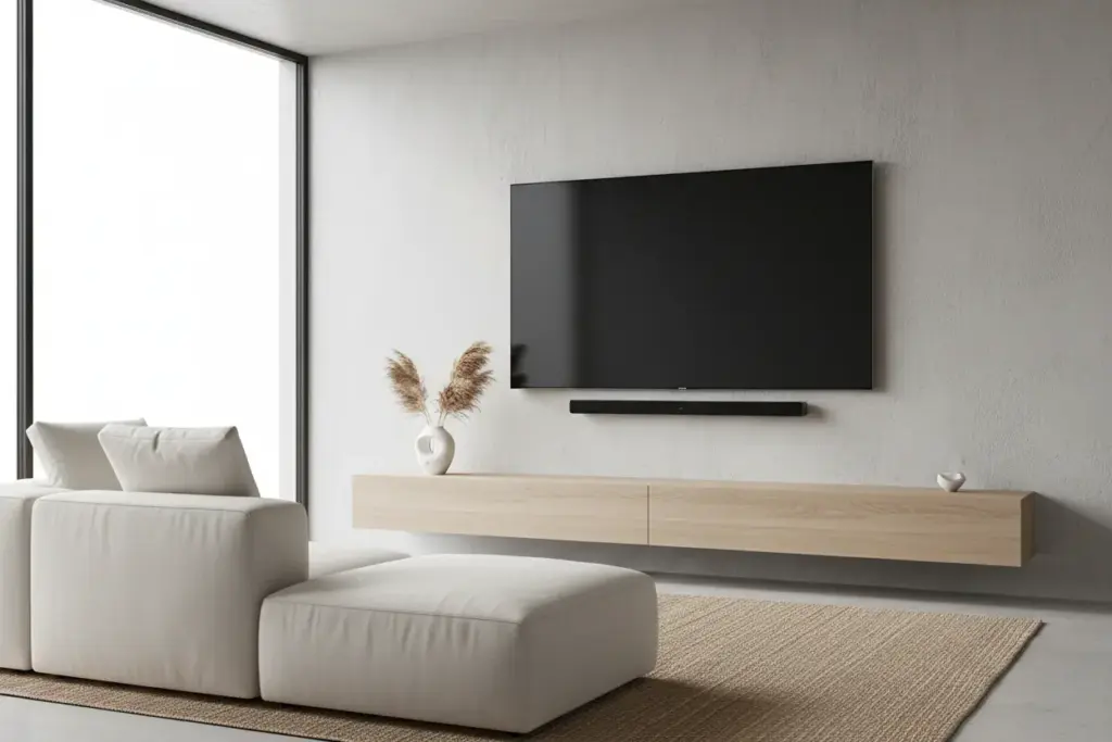 Soundbar instalada em um ambiente minimalista sob a TV