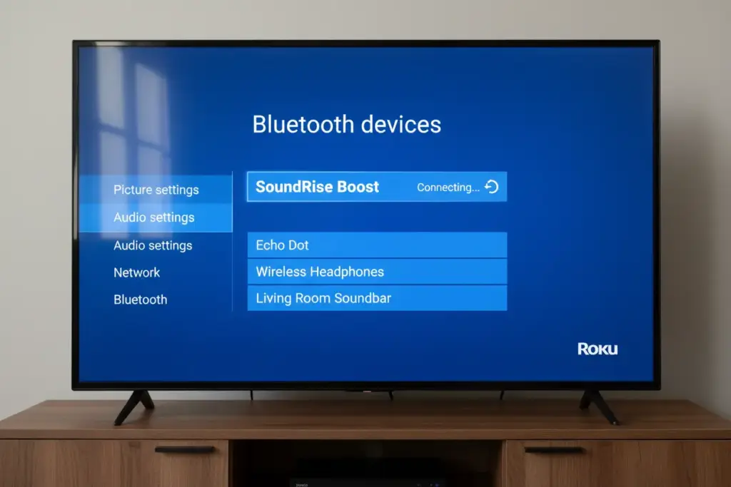 Saiba Como Conectar a TV Roku na Caixa de Som Bluetooth de Forma Correta! 2 Tela da TV Roku exibindo lista de dispositivos Bluetooth