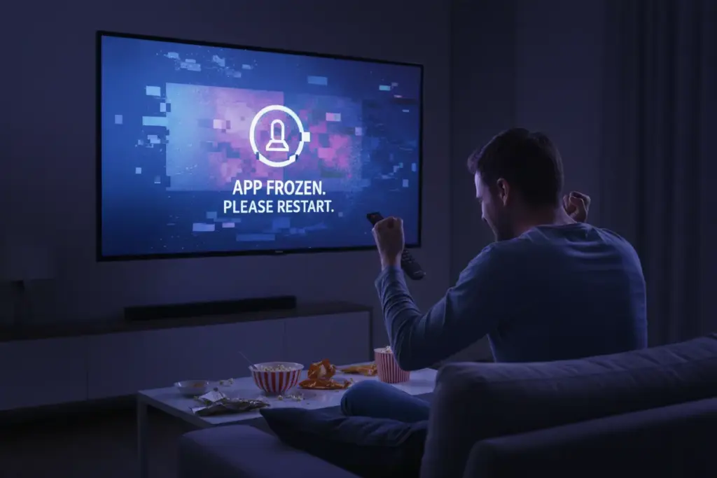 Usuário frustrado com app travado na Samsung Smart TV