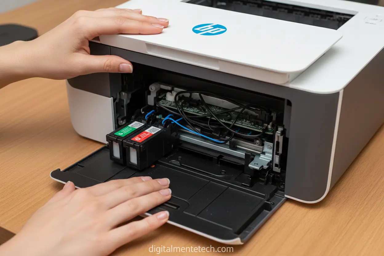 Abrindo Impressora HP Mãos abrindo a tampa de uma impressora HP para acessar os cartuchos.