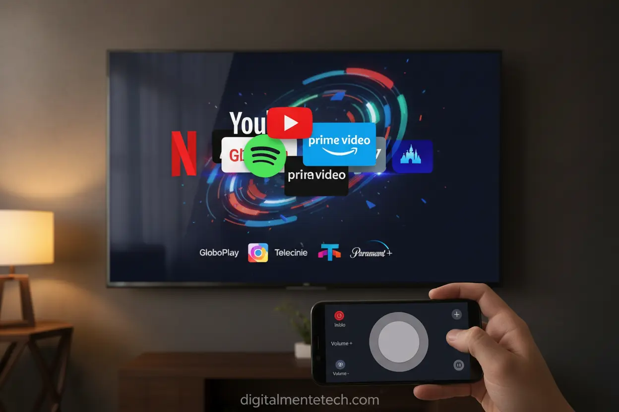 Aplicativos de streaming como Netflix e YouTube em uma TV Smart.