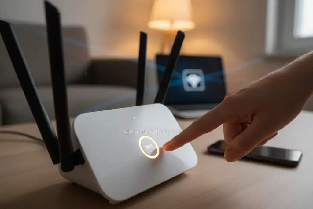 Descubra Como Ativar o WPS do Roteador de Forma Correta e Conecte-se Facilmente! 1 Pessoa ativando o WPS em um roteador moderno para conexão rápida.