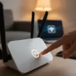 Pessoa ativando o WPS em um roteador moderno para conexão rápida.