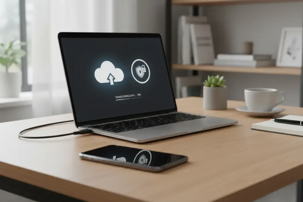 Homem realizando backup de segurança no celular