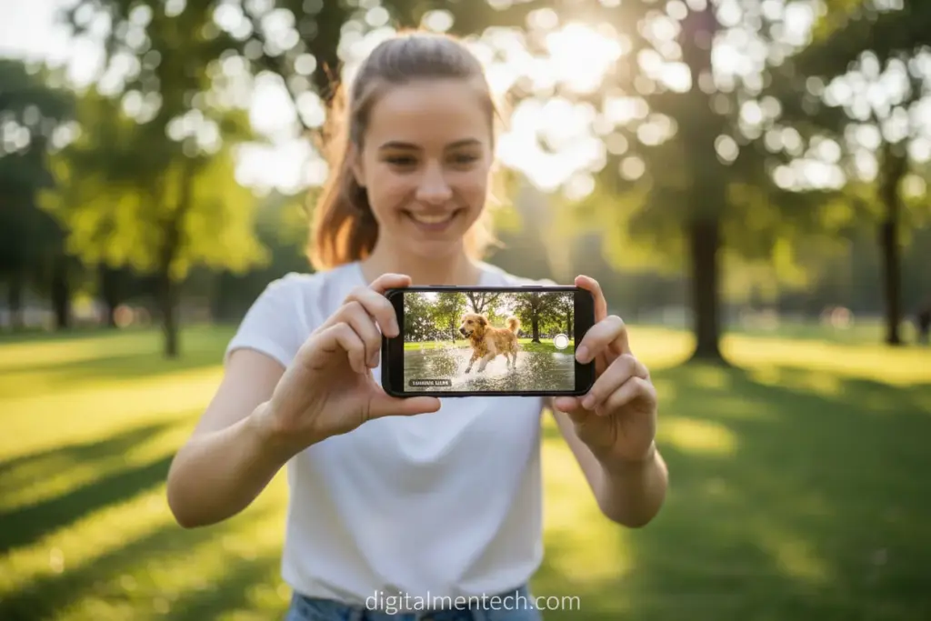 Jovem filmando com celular em câmera lenta