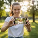 Jovem filmando com celular em câmera lenta