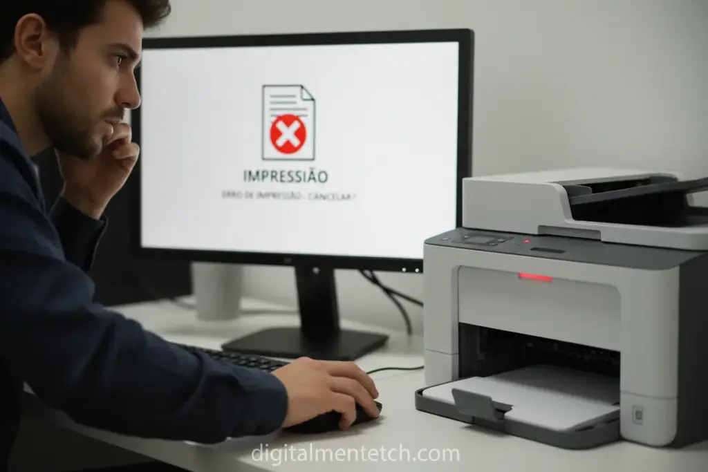 Pessoa frustrada tentando cancelar impressão no computador