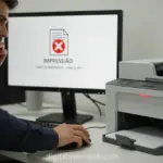 Pessoa frustrada tentando cancelar impressão no computador