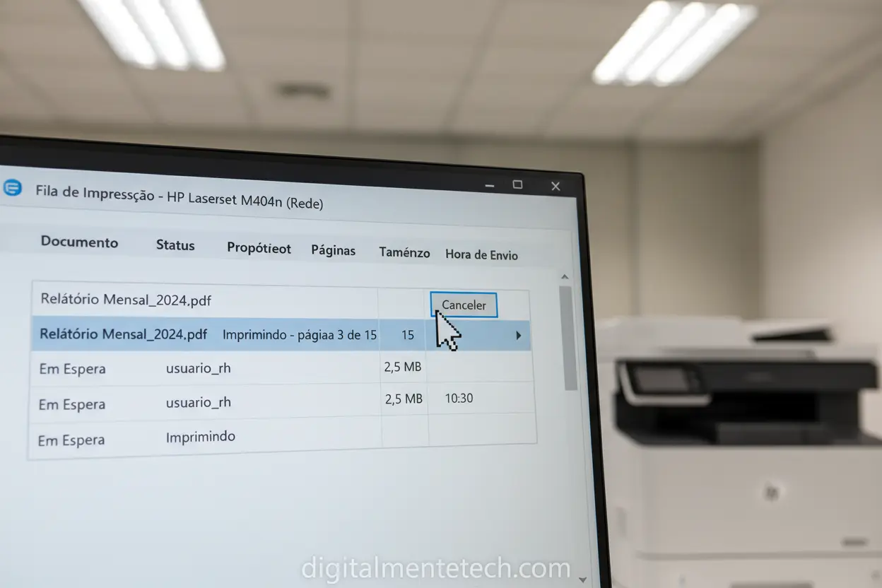 Cancelar Impressão Windows Fila de impressão do Windows com opção de cancelar selecionada