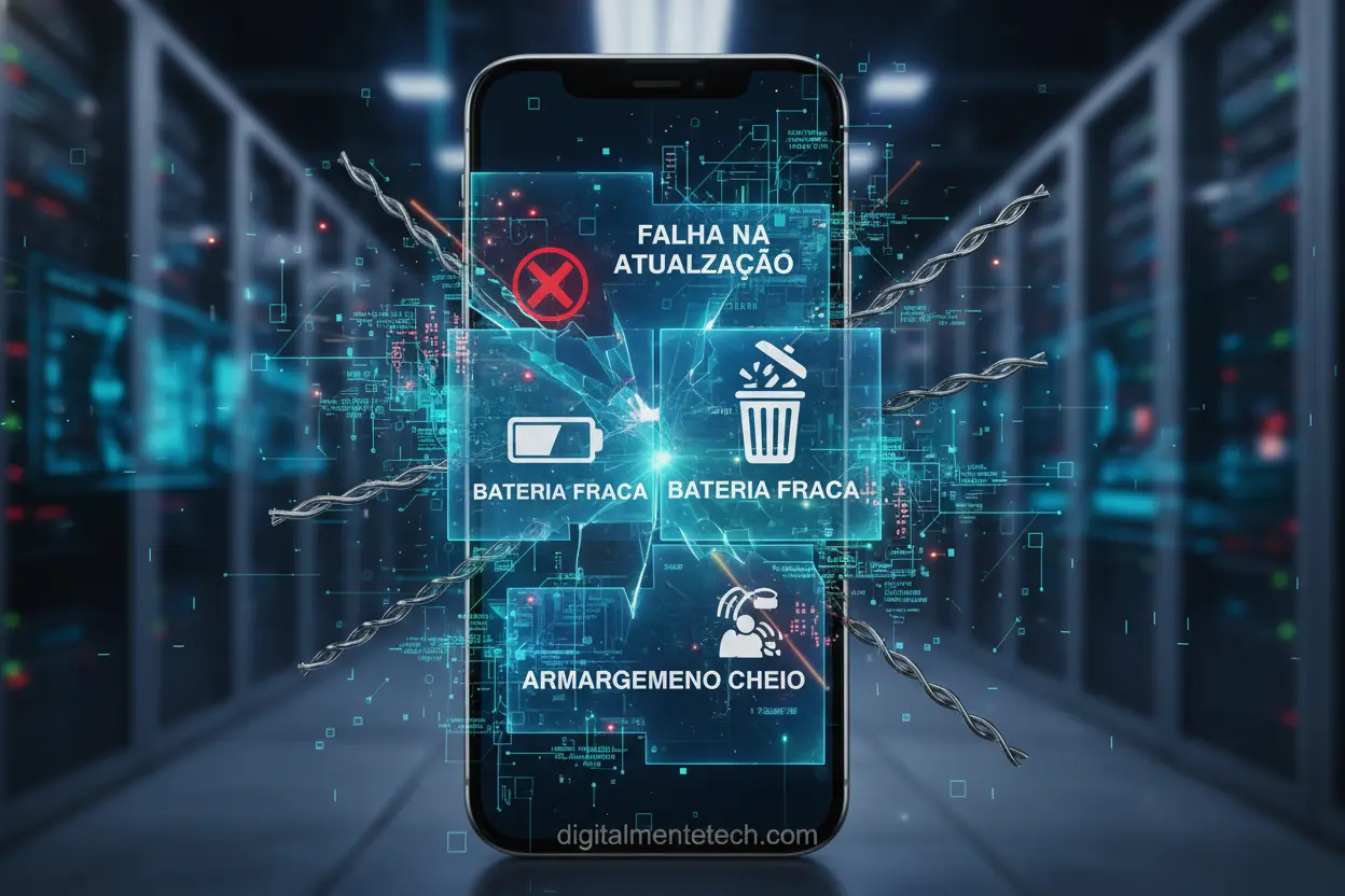 Smartphone com ícones de erro de inicialização