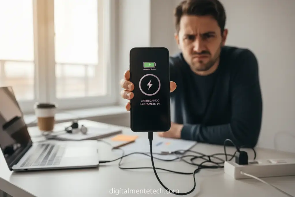 Pessoa frustrada com celular carregando lentamente