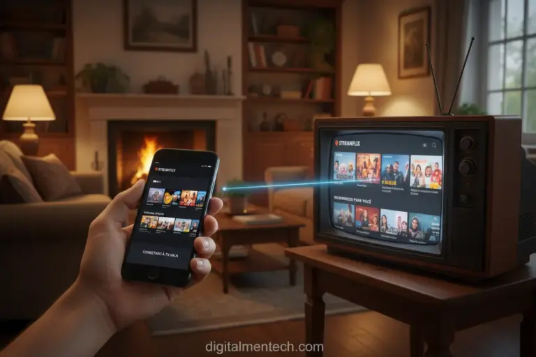 Smartphone conectado a uma TV, transformando-a em Smart.
