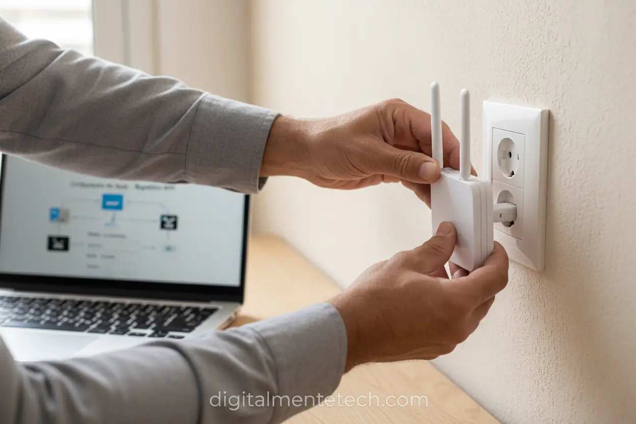 Conectar Repetidor ao Roteador Pessoa conectando repetidor Wi-Fi ao roteador.