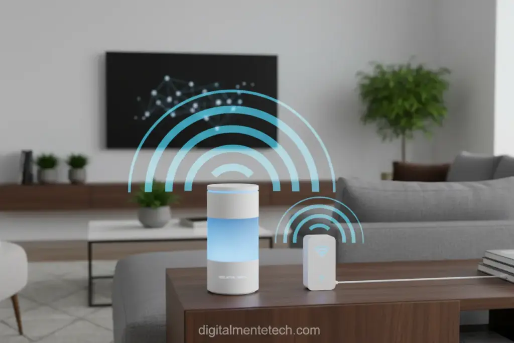 Roteador e repetidor WiFi conectados para ampliar o sinal.