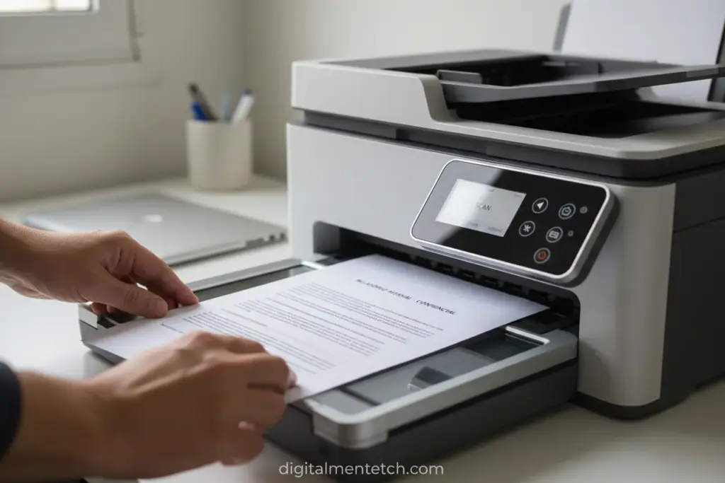Mãos posicionando documento para digitalização em impressora