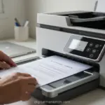 Mãos posicionando documento para digitalização em impressora