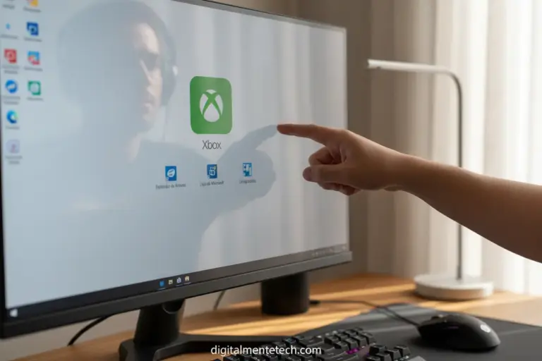 Mão apontando para o ícone do aplicativo Xbox na área de trabalho do Windows.
