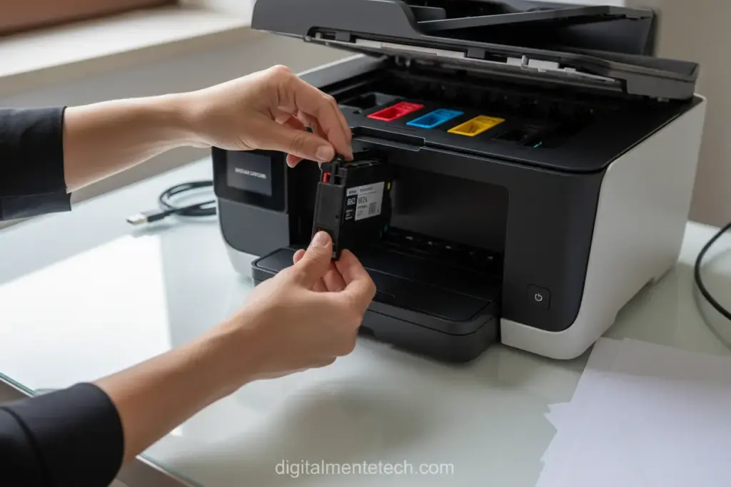 Mãos inserindo um cartucho de tinta em uma impressora HP.