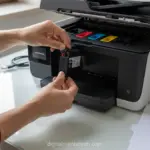 Mãos inserindo um cartucho de tinta em uma impressora HP.